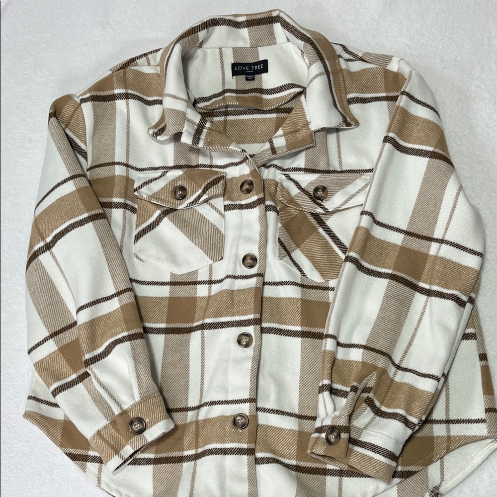 Tan & White Oversized Plaid Shirt Shacket heavy flannel Layer sz L